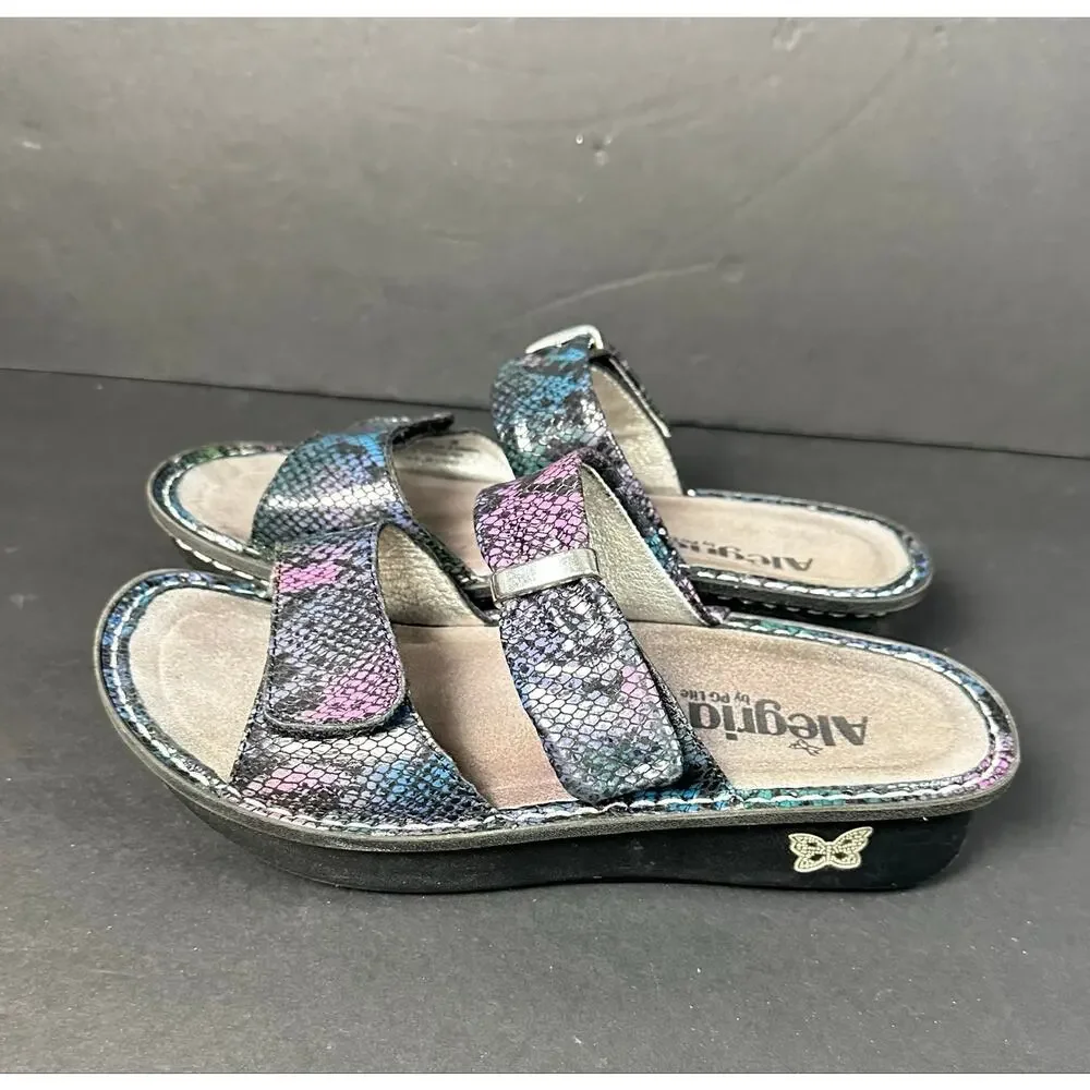 Alegria Karmen Black Purple Reptile Pattern Strap Sandals Size 38 US  8 8.5